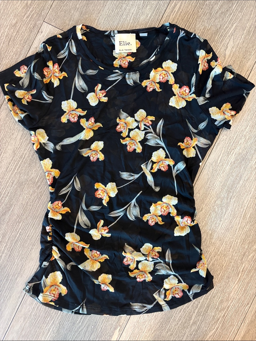 Elie Tahari Black Short Sleeve Tee with Yellow Floral Print